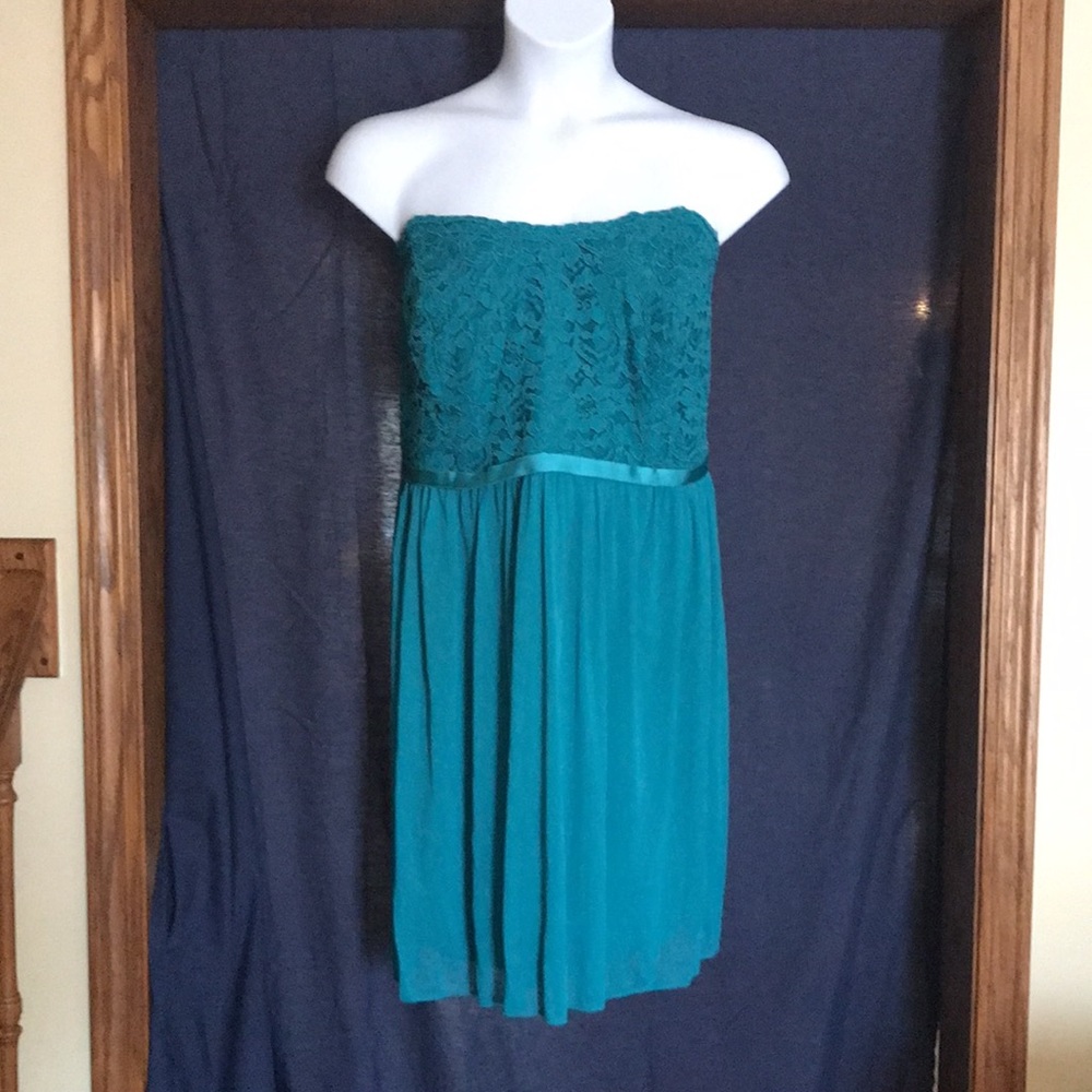 David’s Bridal Teal Strapless Lace Short Dress